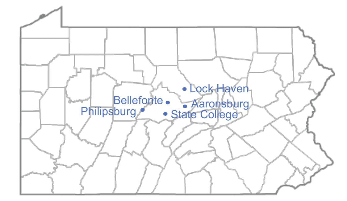 Outline of the State of Pennsylvania, with county lines, and 5 city markers: Bellefonte, Philipsburg, Lock Haven, Aaronsburg, State College